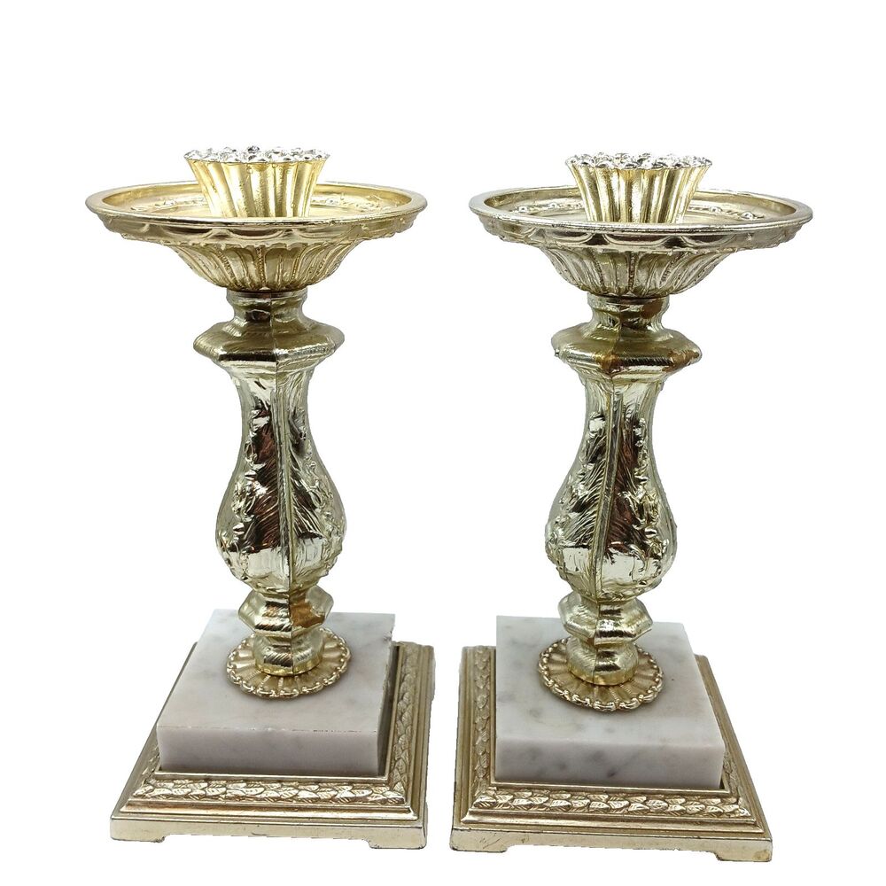 MCM Candle Holders Italian Marble Base Dilly Mfg Co. Gold Hollywood Regency 9"